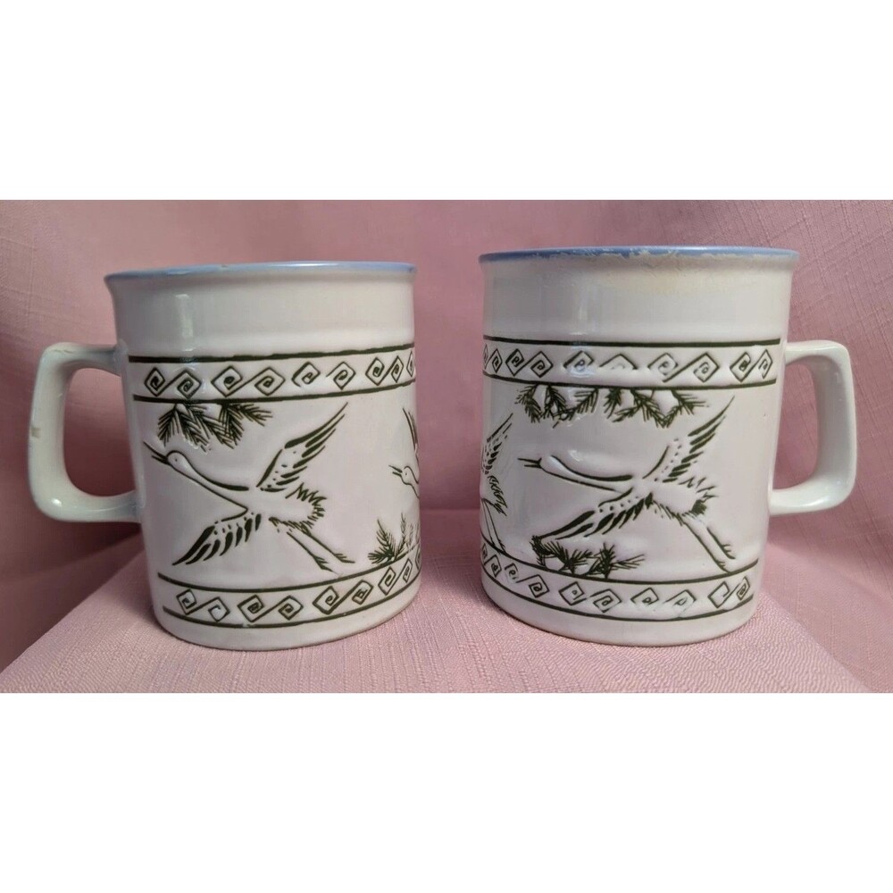 Pair Vintage Japan Ceramic Mugs Crane Motif, Incised Mark